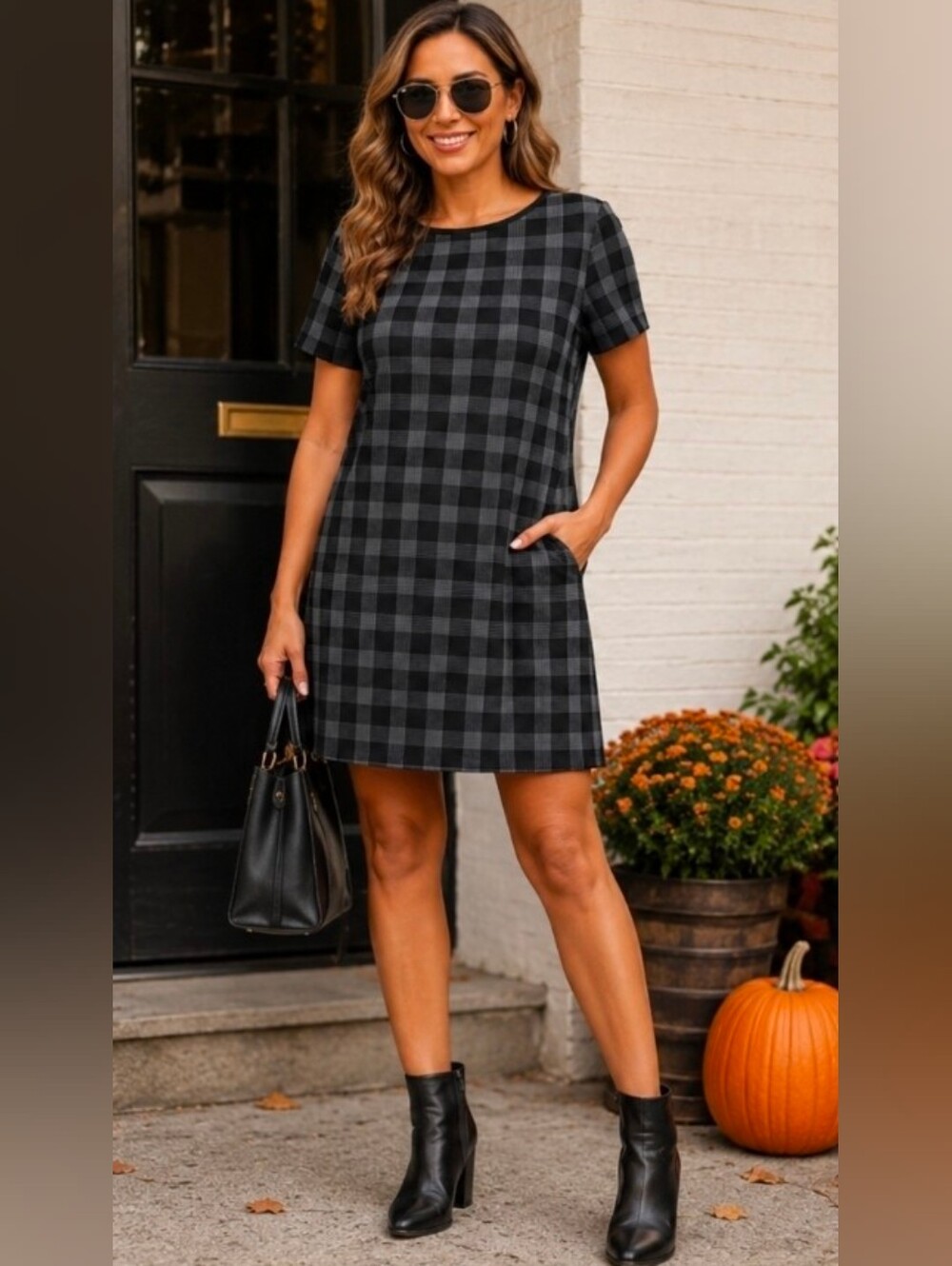Alex Marie Black & Gray Plaid Short-Sleeve Shift Dress Size 8 Fall